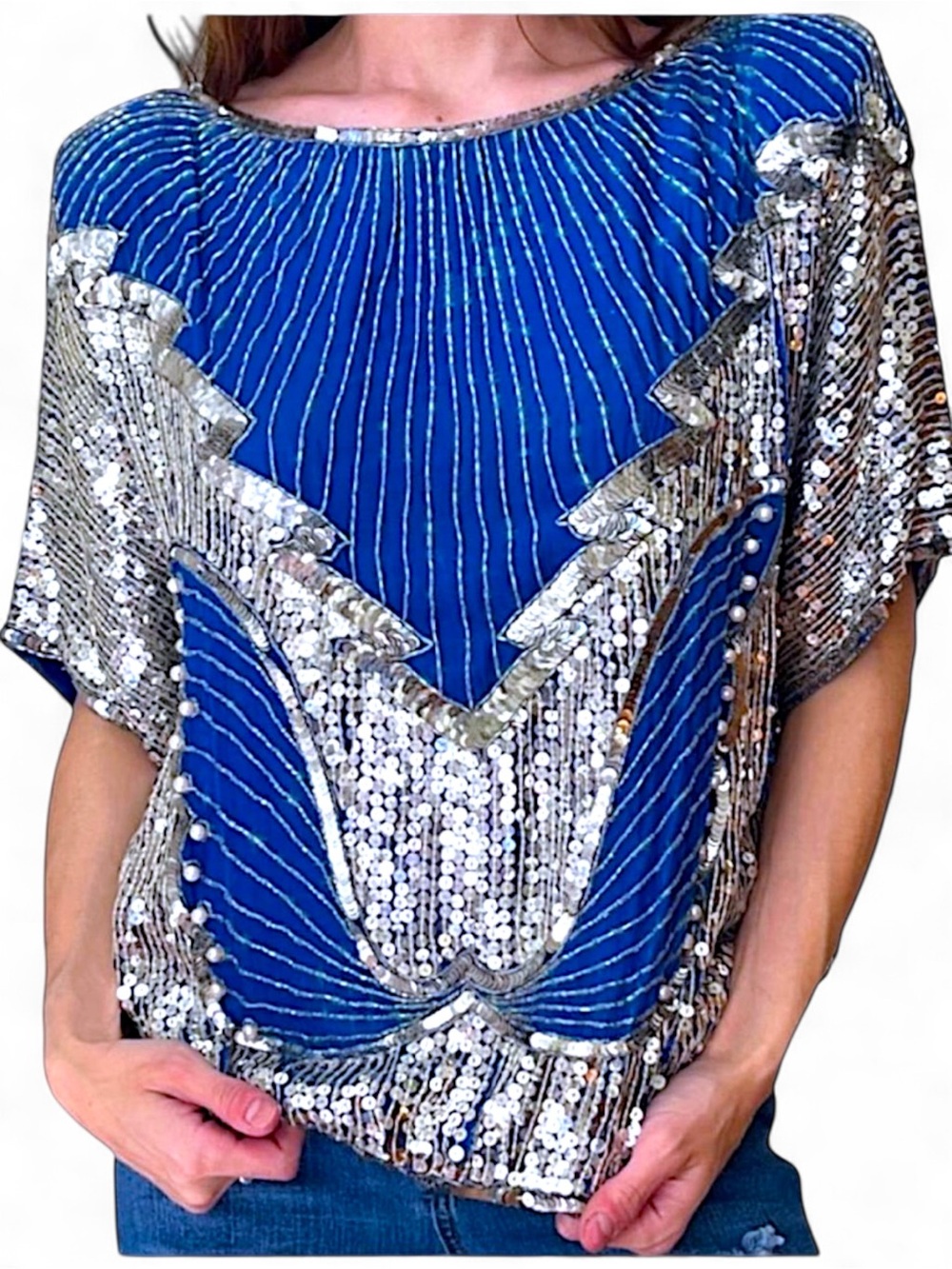 Vintage 80s Silk Beaded Blouse | Cerulean Blue Silver Sequin Butterfly Top SZ M